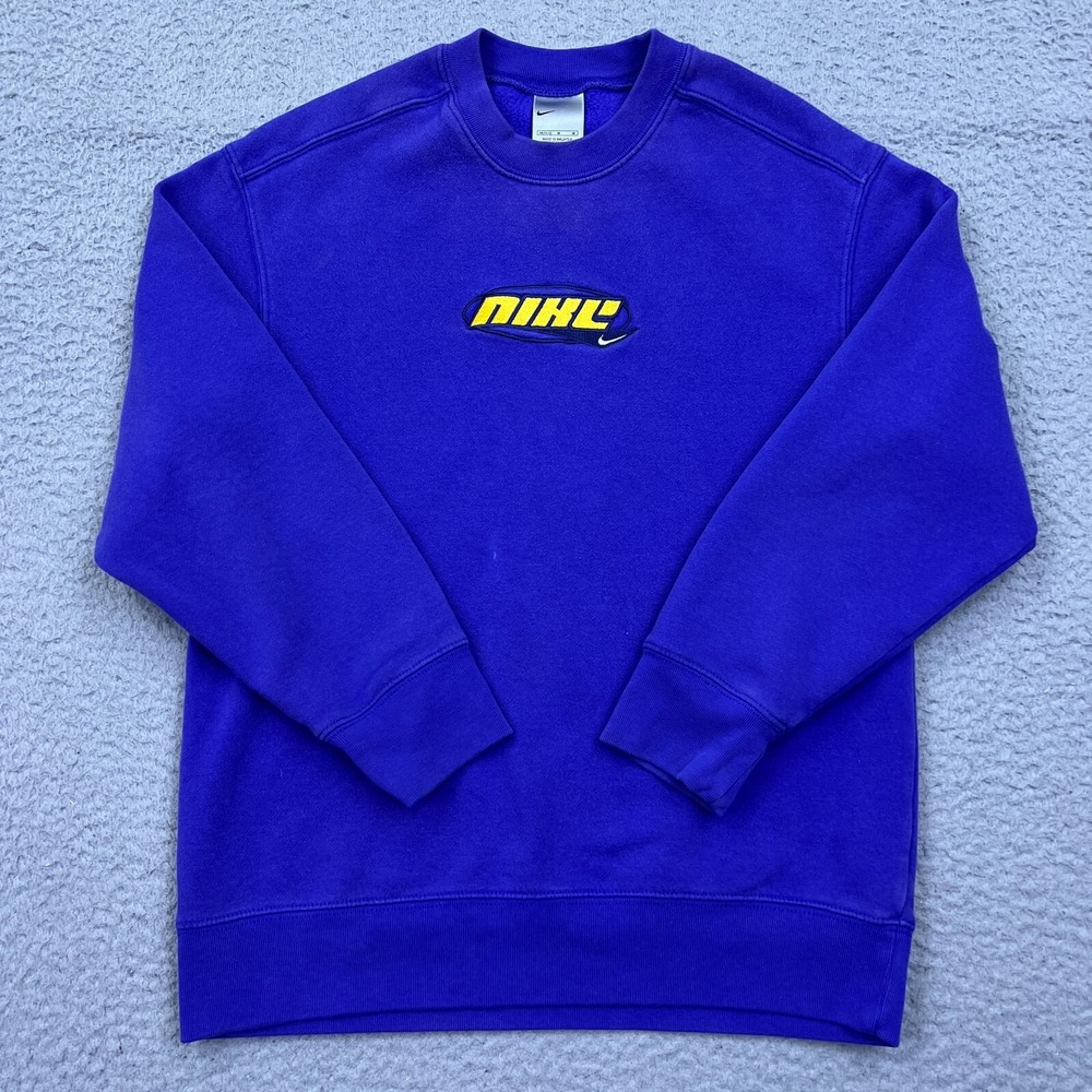 VTG Nike Sweatshirt Youth M (10-12) Blue Embroidered Spellout Swoosh Logo Crew